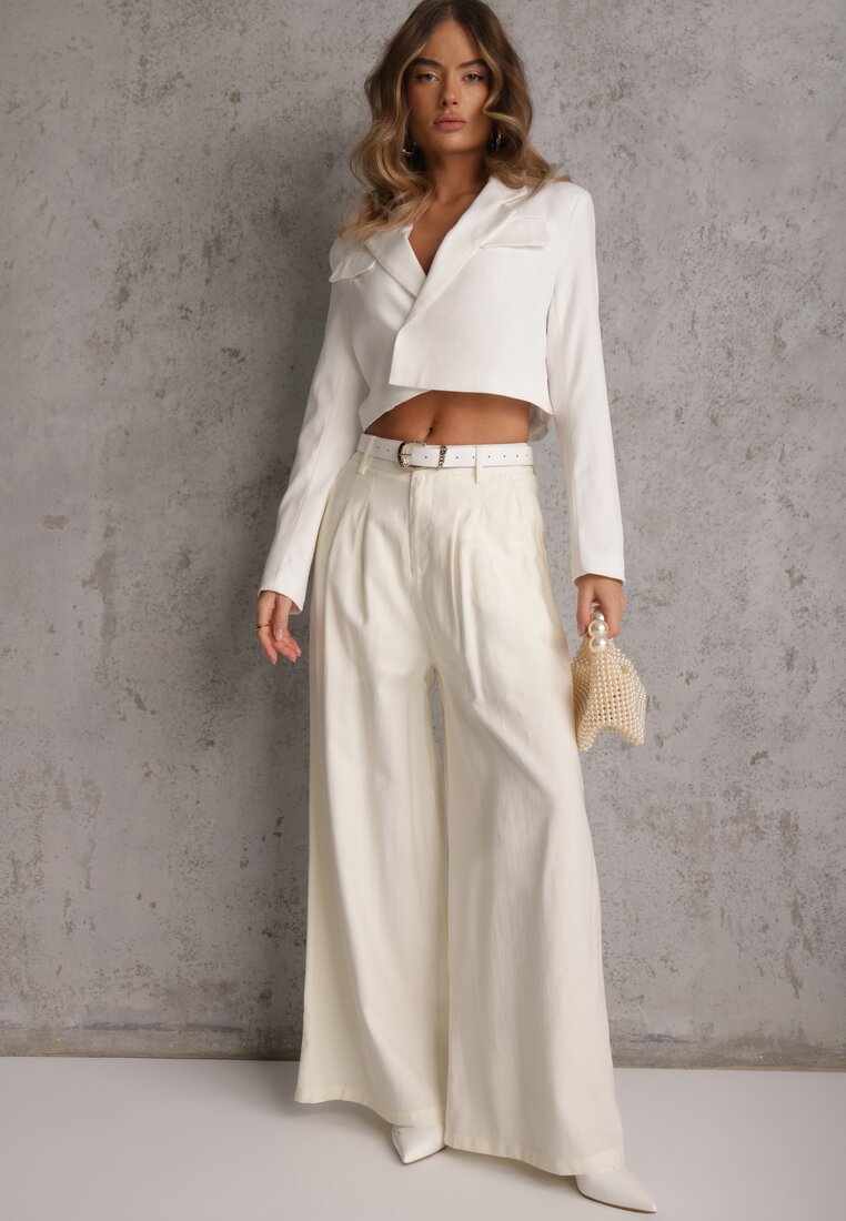 Białe Garniturowe Spodnie Szerokie z Wiskozy z Paskiem Moun