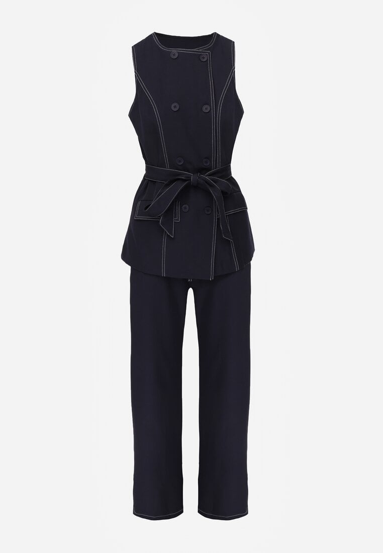 Granatowy Garniturowy Komplet Spodnie o Szerokim Kroju i Kamizelka z Paskiem Danynril