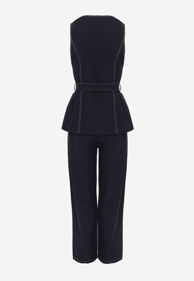 Granatowy Garniturowy Komplet Spodnie o Szerokim Kroju i Kamizelka z Paskiem Danynril