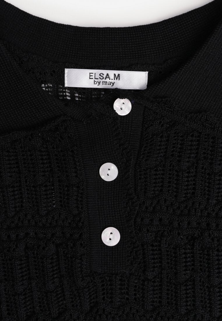 Czarna Wiskozowa Bluzka z Szydełkowym Wzorem Kołnierzykiem i Guzikami Lasthythia