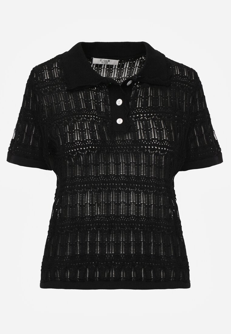 Czarna Wiskozowa Bluzka z Szydełkowym Wzorem Kołnierzykiem i Guzikami Lasthythia