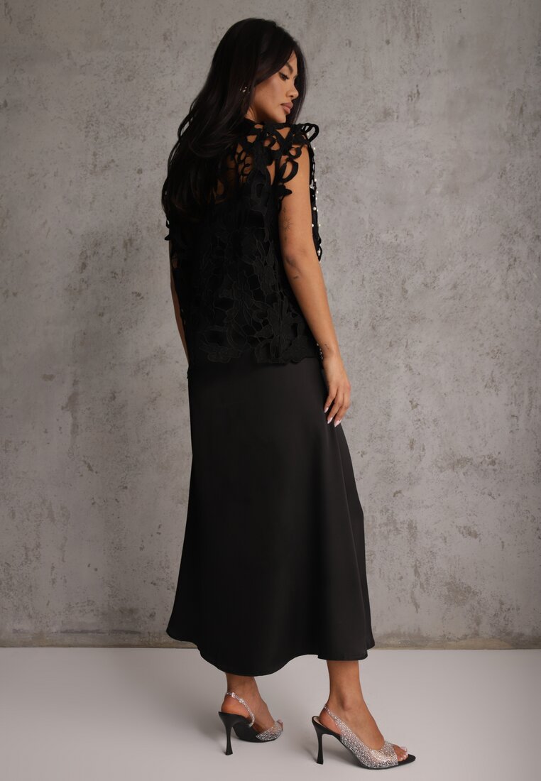 Czarna Bawełniano-Wiskozowa Sukienka Slip Dress z Ozdobną Narzutką Sagossia