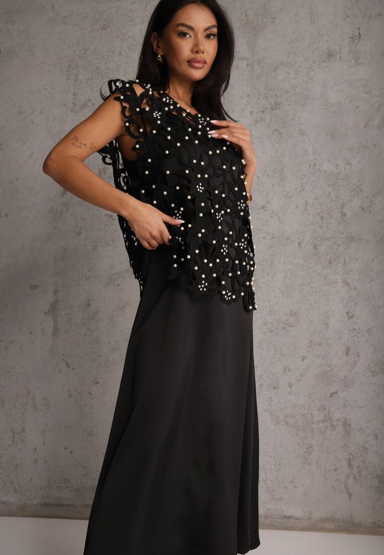 Czarna Bawełniano-Wiskozowa Sukienka Slip Dress z Ozdobną Narzutką Sagossia