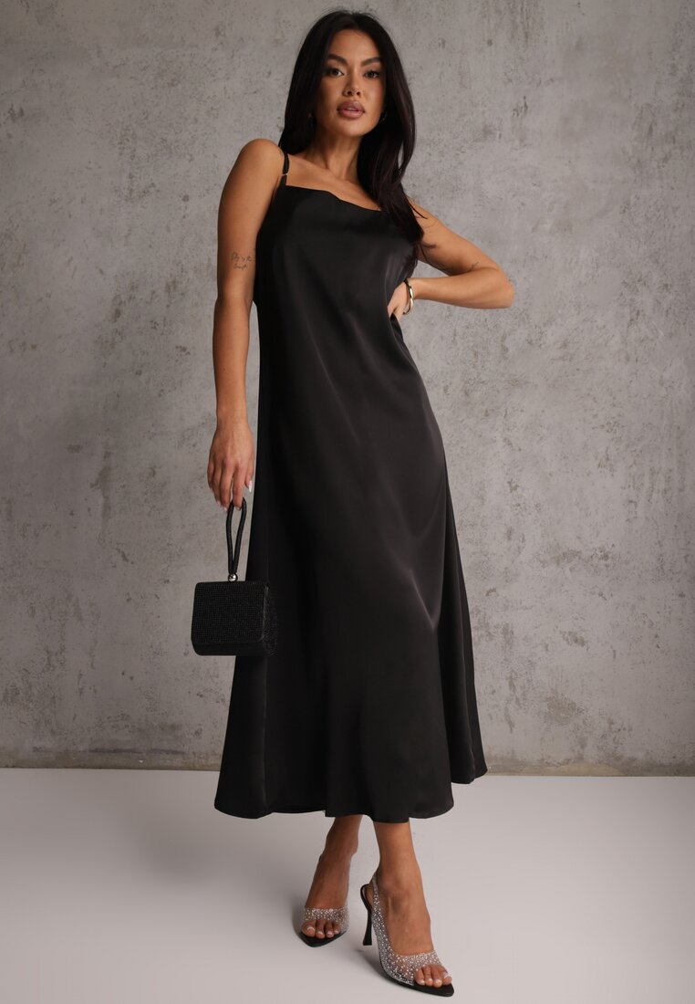 Czarna Bawełniano-Wiskozowa Sukienka Slip Dress z Ozdobną Narzutką Sagossia