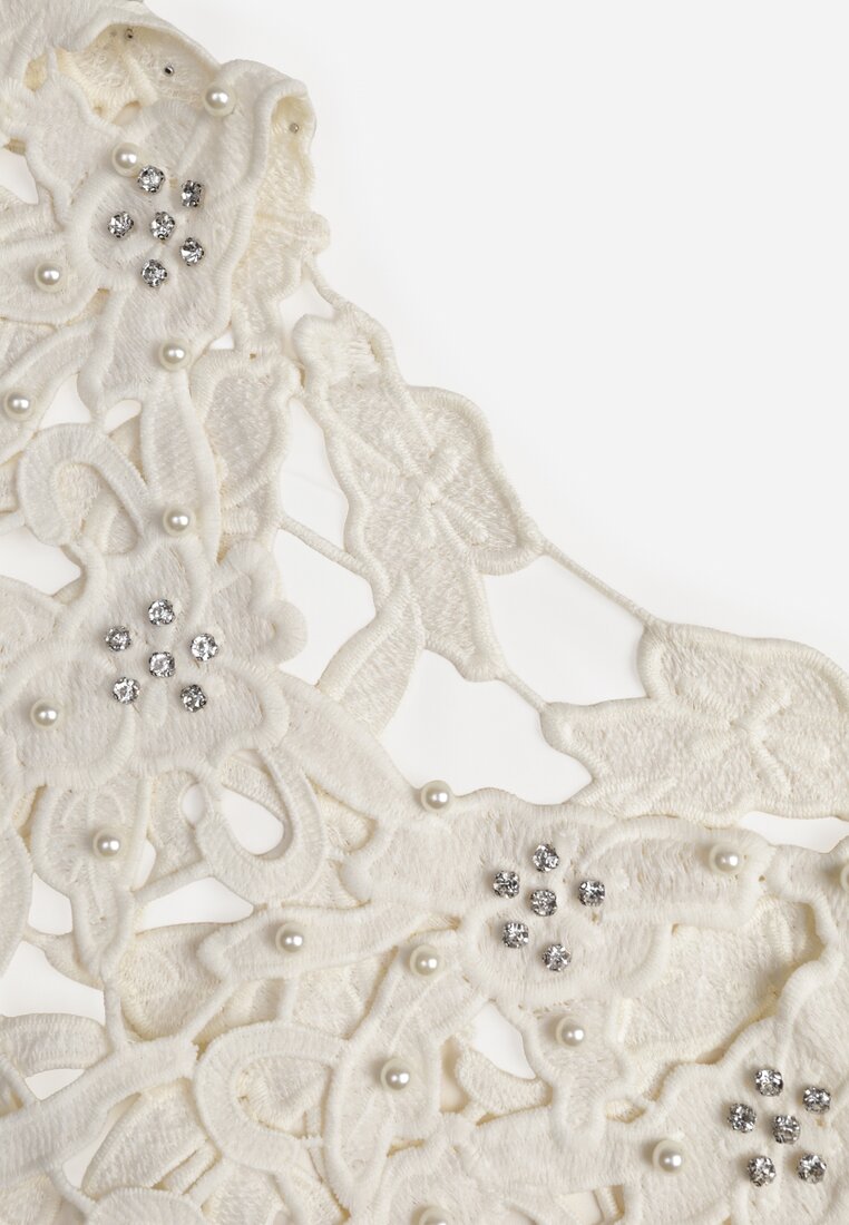 Jasnobeżowa Bawełniano-Wiskozowa Sukienka Slip Dress z Ozdobną Narzutką Sagossia