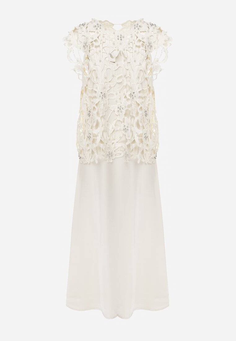 Jasnobeżowa Bawełniano-Wiskozowa Sukienka Slip Dress z Ozdobną Narzutką Sagossia