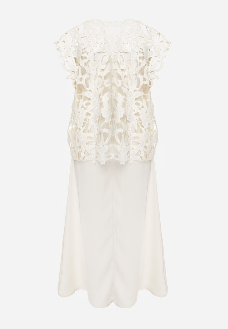 Jasnobeżowa Bawełniano-Wiskozowa Sukienka Slip Dress z Ozdobną Narzutką Sagossia