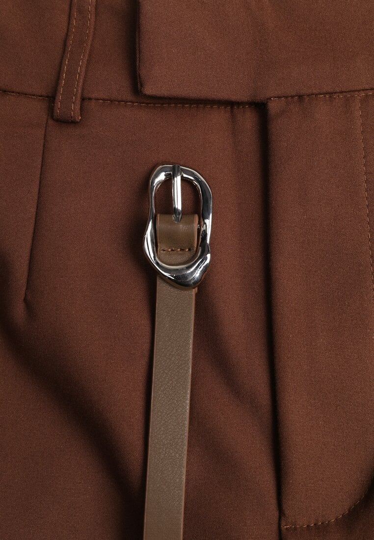 Brązowa Spódnica z Bawełną o Dopasowanym Kroju z Paskiem i Podszewką-Szortami Vitia