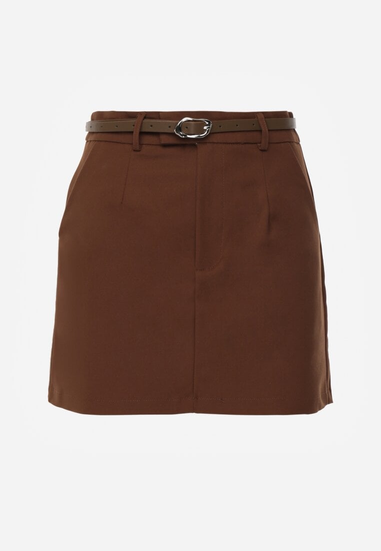 Brązowa Spódnica z Bawełną o Dopasowanym Kroju z Paskiem i Podszewką-Szortami Vitia