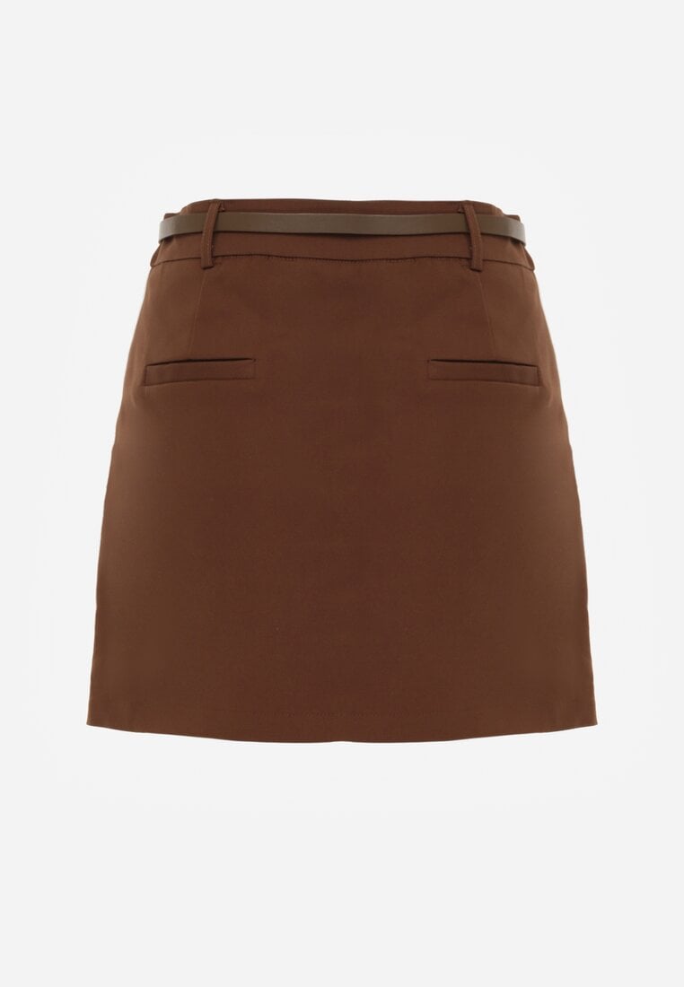 Brązowa Spódnica z Bawełną o Dopasowanym Kroju z Paskiem i Podszewką-Szortami Vitia