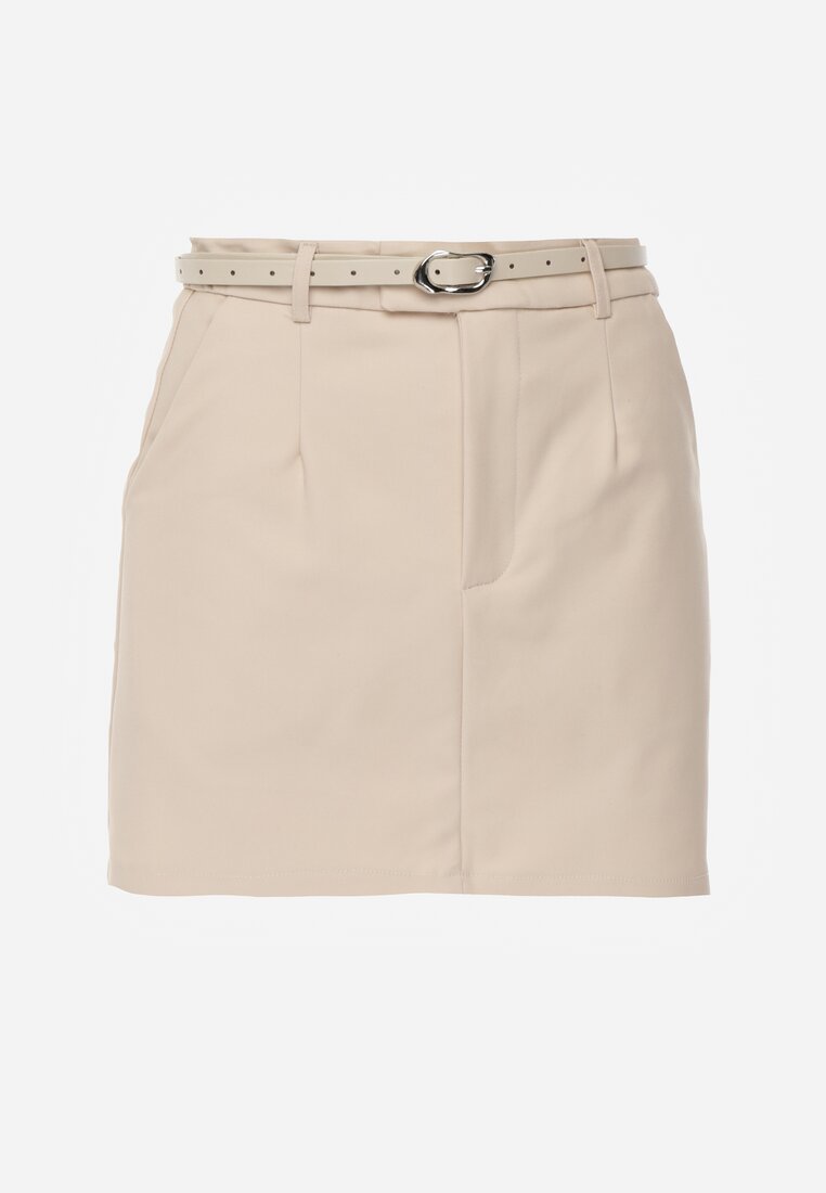 Beżowa Spódnica z Bawełną o Dopasowanym Kroju z Paskiem i Podszewką-Szortami Vitia