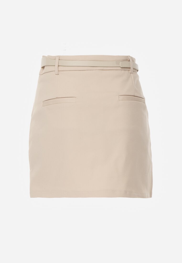Beżowa Spódnica z Bawełną o Dopasowanym Kroju z Paskiem i Podszewką-Szortami Vitia