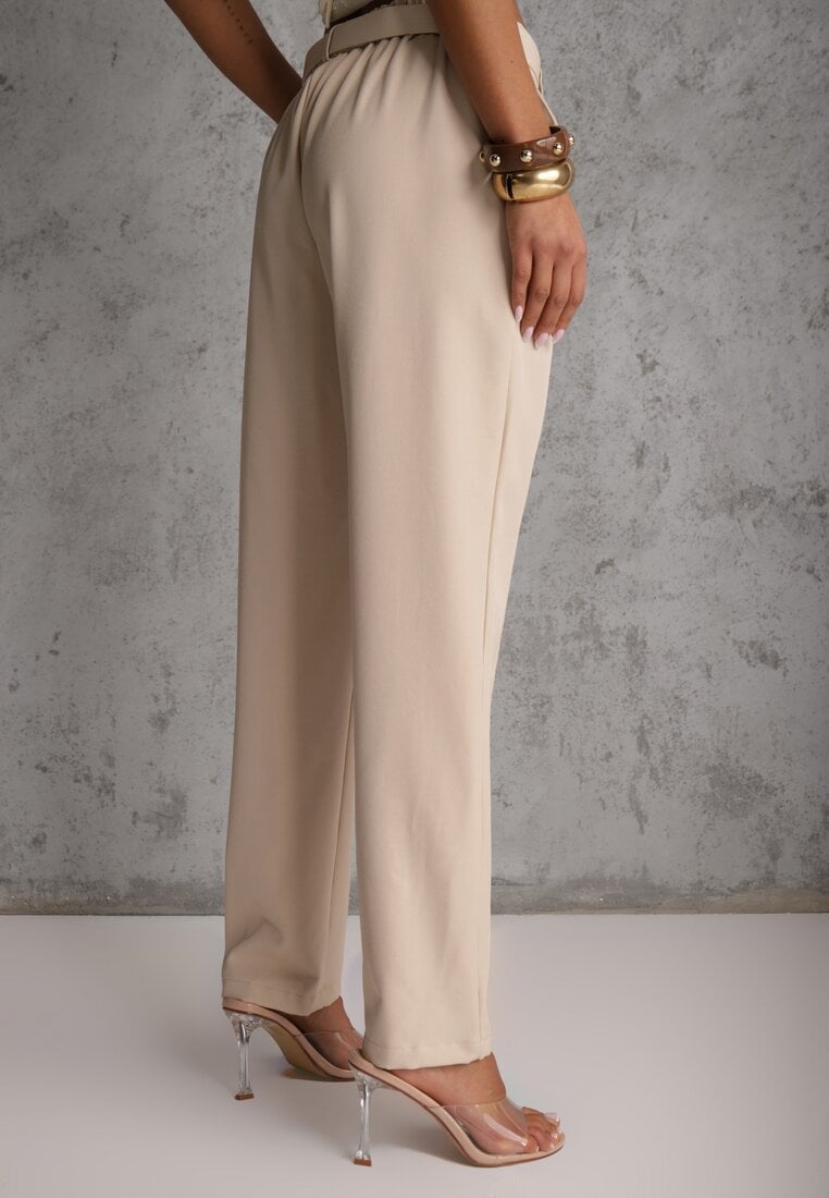Beżowe Spodnie High Waist o Fasonie Cygaretek z Paskiem ze Sprzączką Glaclea