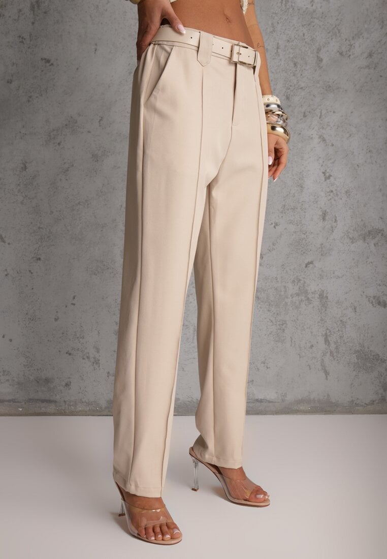 Beżowe Spodnie High Waist o Fasonie Cygaretek z Paskiem ze Sprzączką Glaclea
