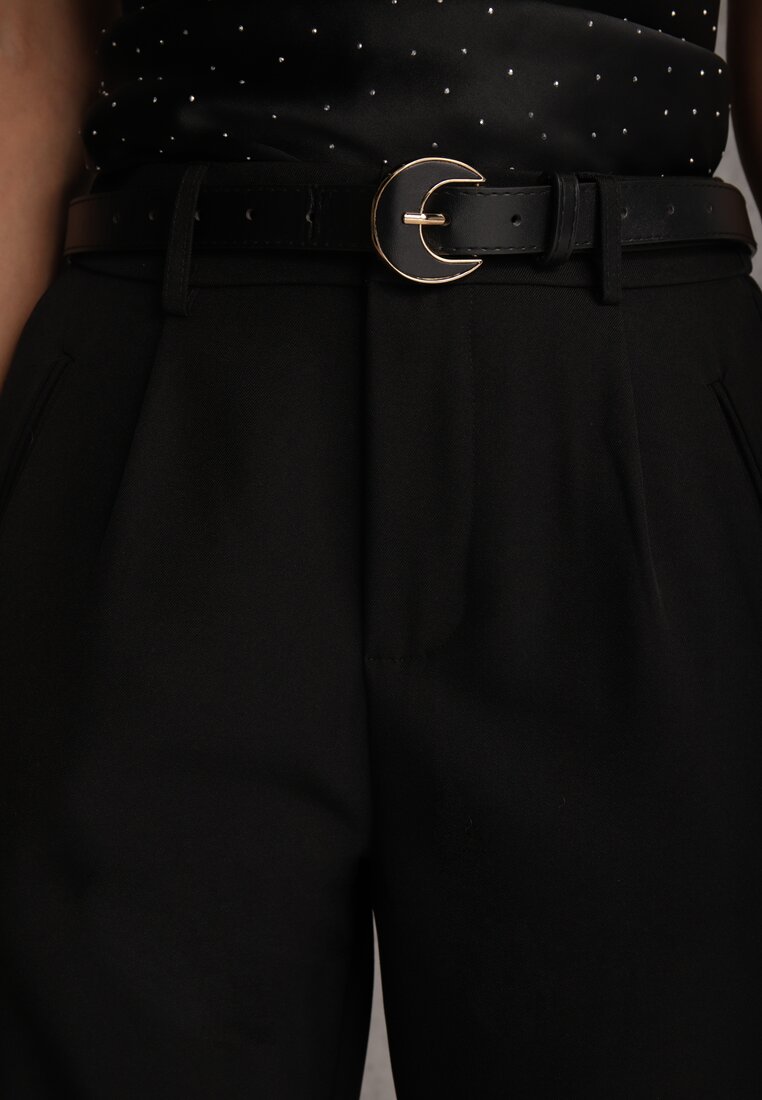 Czarne Spodnie Cygaretki High Waist z Paskiem z Klamrą w Kształcie Półksięzyca Vikinai