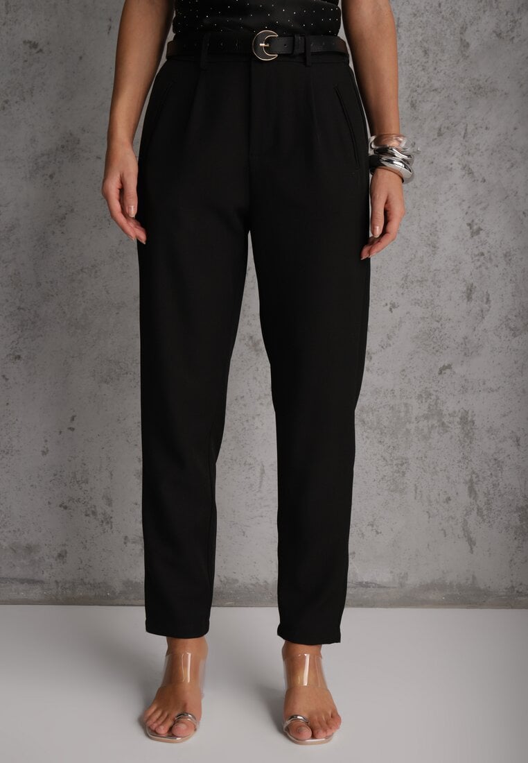 Czarne Spodnie Cygaretki High Waist z Paskiem z Klamrą w Kształcie Półksięzyca Vikinai