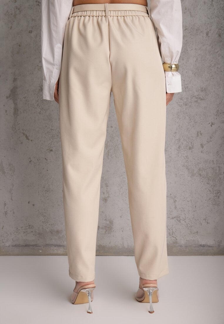 Beżowe Spodnie Cygaretki High Waist z Paskiem z Klamrą w Kształcie Półksięzyca Vikinai