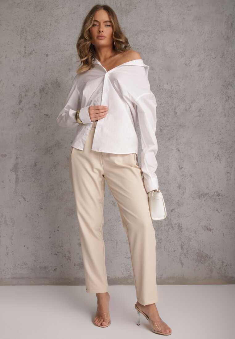 Beżowe Spodnie Cygaretki High Waist z Paskiem z Klamrą w Kształcie Półksięzyca Vikinai