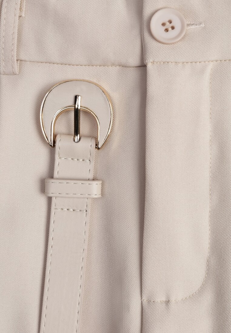 Beżowe Spodnie Cygaretki High Waist z Paskiem z Klamrą w Kształcie Półksięzyca Vikinai