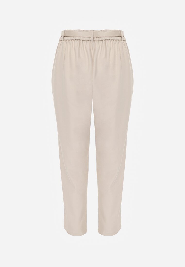Beżowe Spodnie Cygaretki High Waist z Paskiem z Klamrą w Kształcie Półksięzyca Vikinai