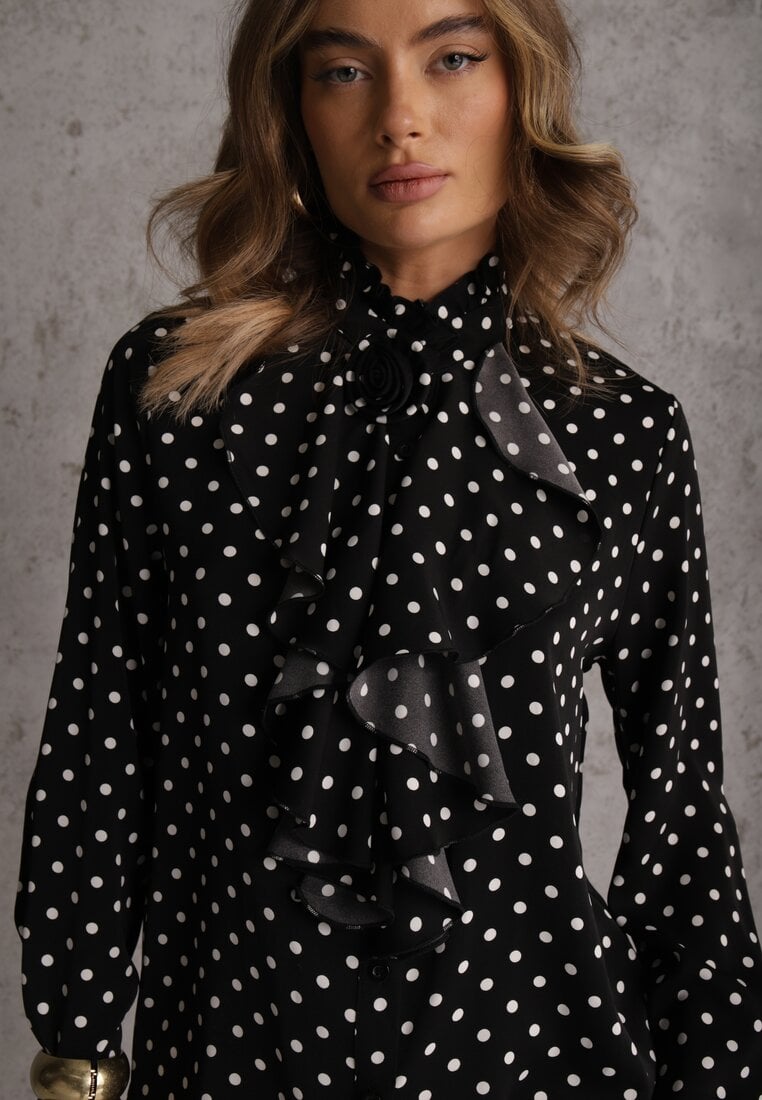 Czarna Falbaniasta Koszula z Wiskozy w Kropki ze Stójką Aegista