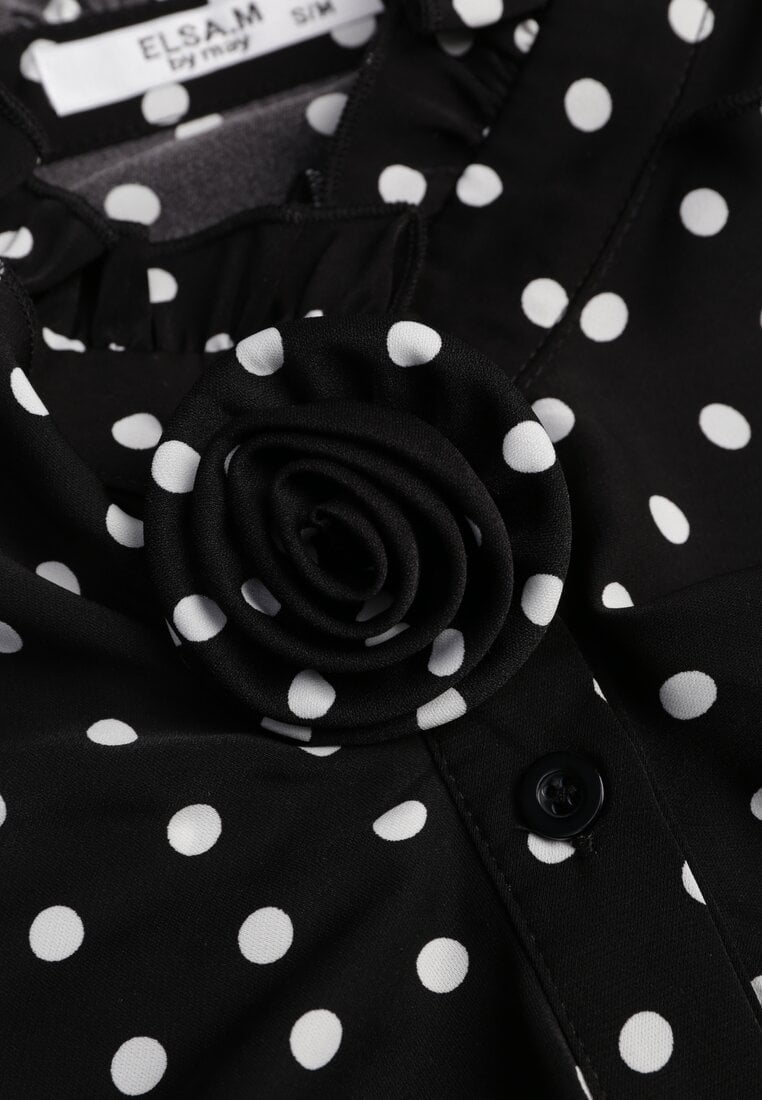 Czarna Falbaniasta Koszula z Wiskozy w Kropki ze Stójką Aegista