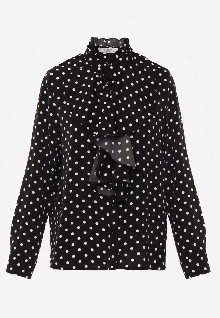 Czarna Falbaniasta Koszula z Wiskozy w Kropki ze Stójką Aegista