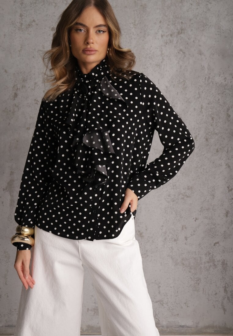 Czarna Falbaniasta Koszula z Wiskozy w Kropki ze Stójką Aegista