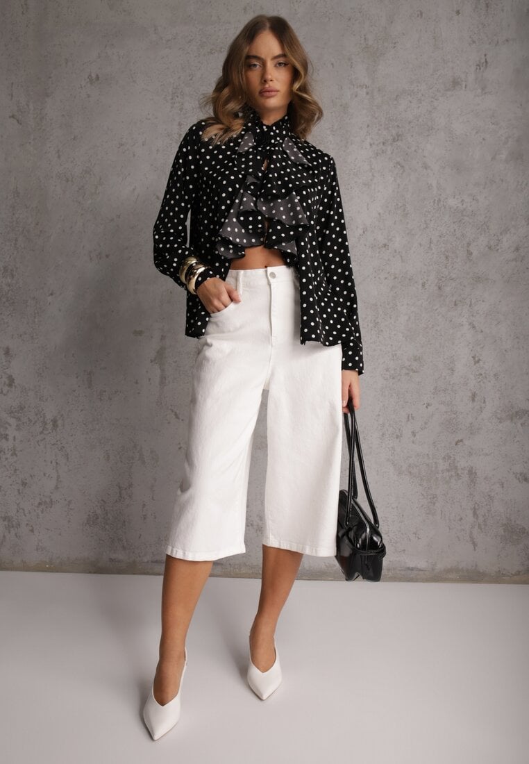 Czarna Falbaniasta Koszula z Wiskozy w Kropki ze Stójką Aegista