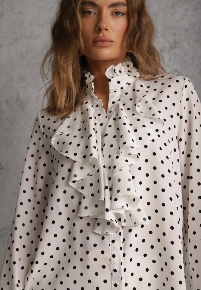 Biała Falbaniasta Koszula z Wiskozy w Kropki ze Stójką Aegista