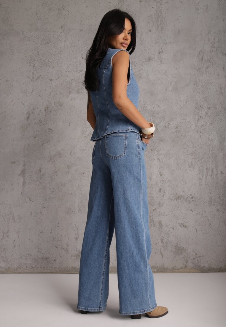 Niebieski Jeansowy Komplet z Bawełny Wide Leg Jeans i Kamizelka na Guziki Noena