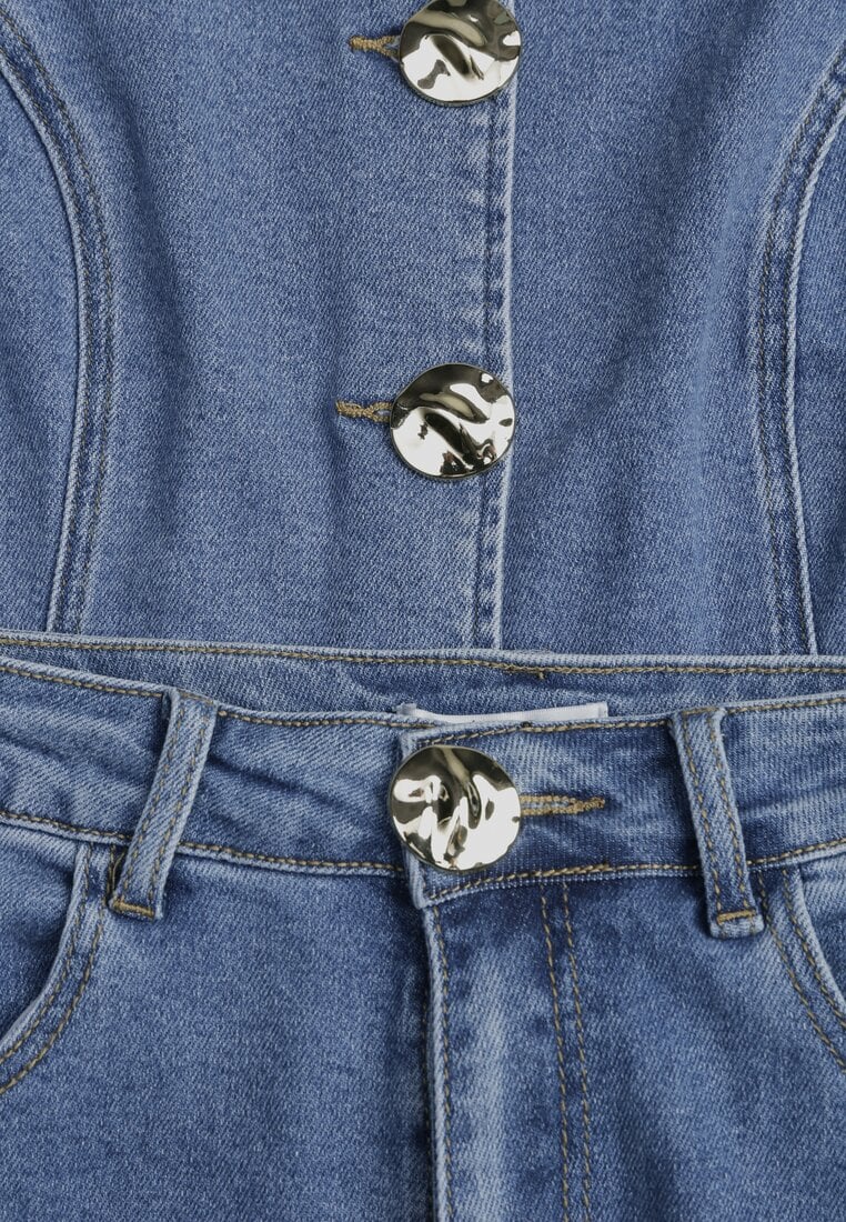 Niebieski Jeansowy Komplet z Bawełny Wide Leg Jeans i Kamizelka na Guziki Noena