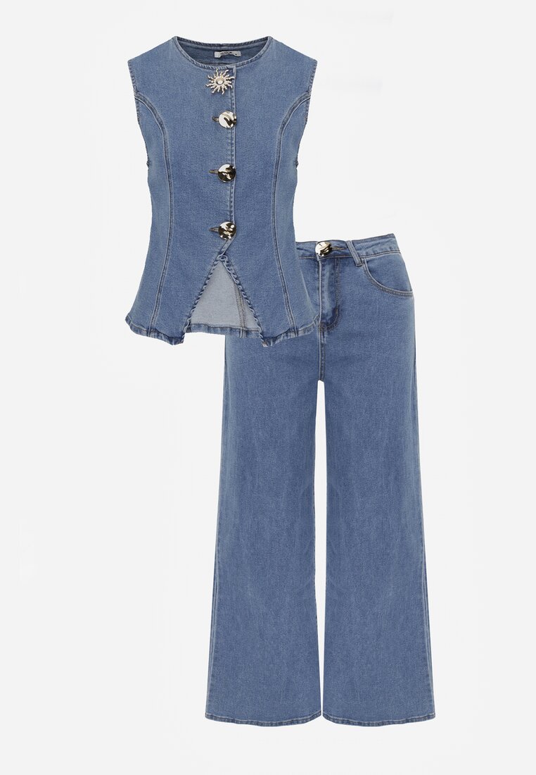 Niebieski Jeansowy Komplet z Bawełny Wide Leg Jeans i Kamizelka na Guziki Noena