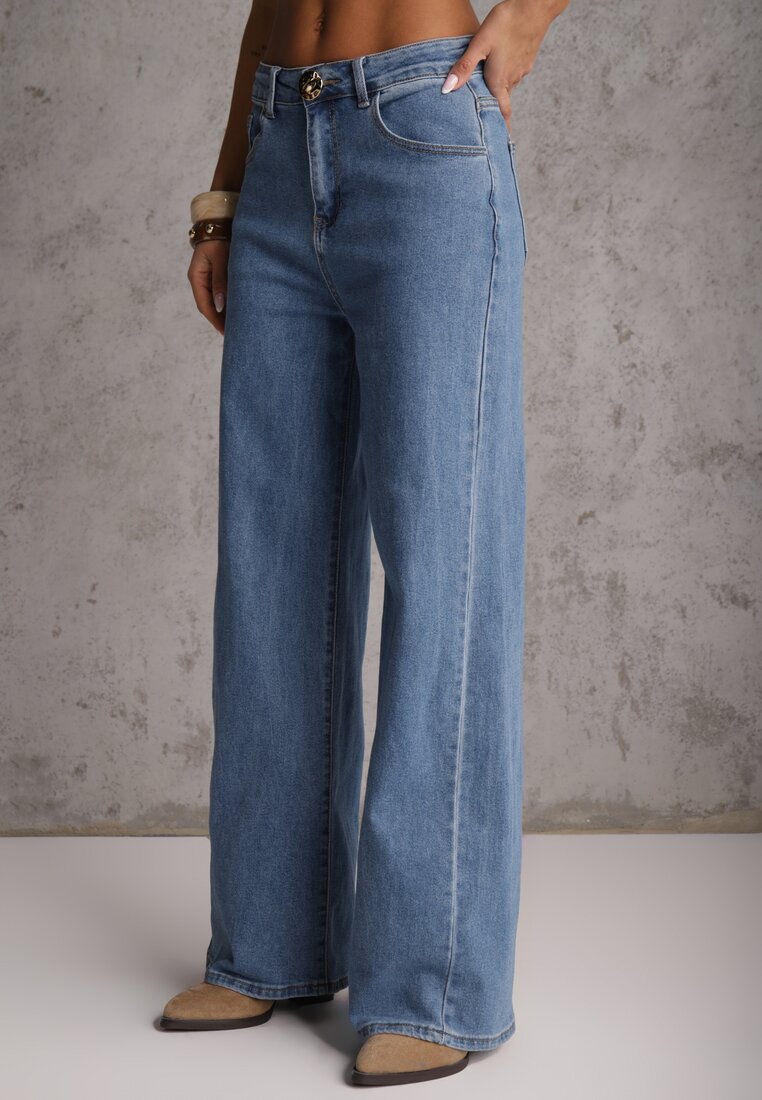 Niebieski Jeansowy Komplet z Bawełny Wide Leg Jeans i Kamizelka na Guziki Noena