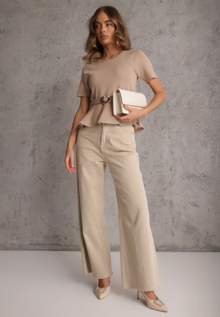 Beżowa Dzianinowa Bluzka Baskinka z Paskiem i Klamrą Megassa