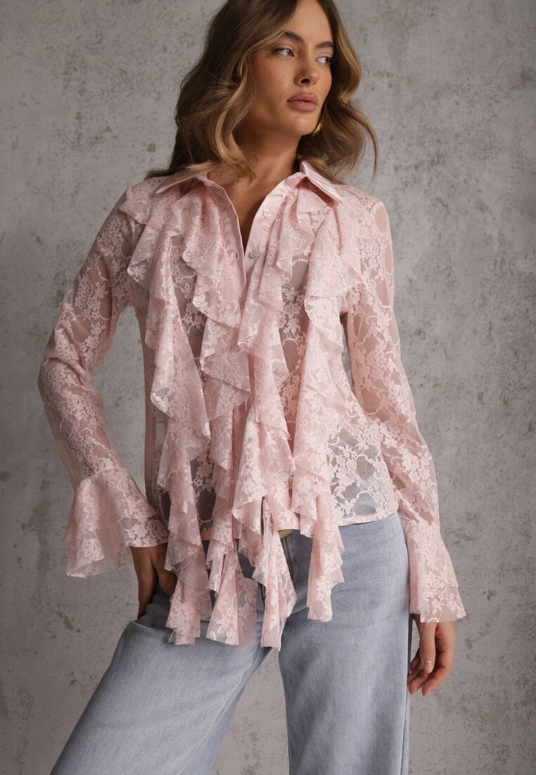 Różowa Wiskozowa Koronkowa Koszula z Bawełną i Falbanami  Oraeno