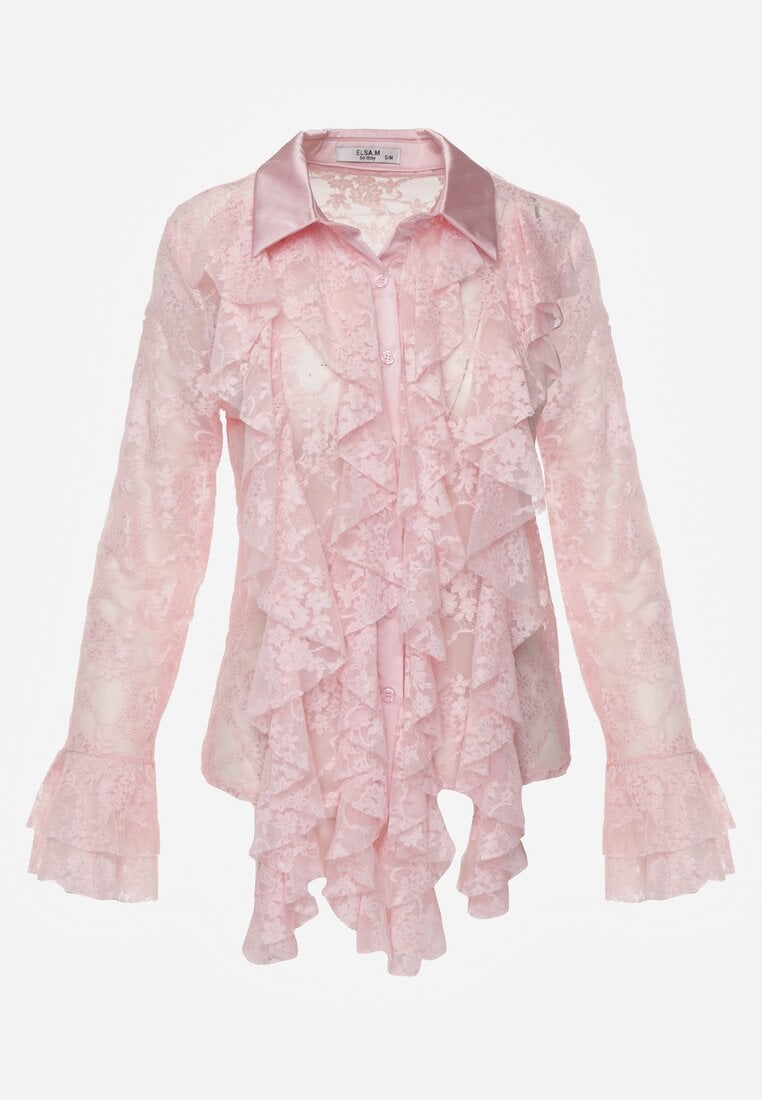 Różowa Wiskozowa Koronkowa Koszula z Bawełną i Falbanami  Oraeno