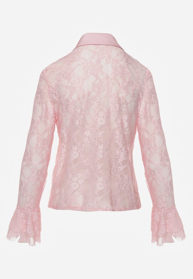 Różowa Wiskozowa Koronkowa Koszula z Bawełną i Falbanami  Oraeno