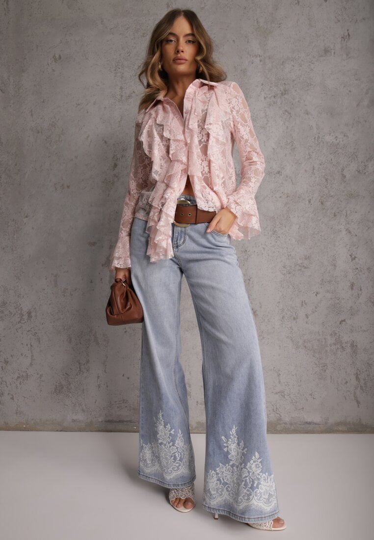 Różowa Wiskozowa Koronkowa Koszula z Bawełną i Falbanami  Oraeno