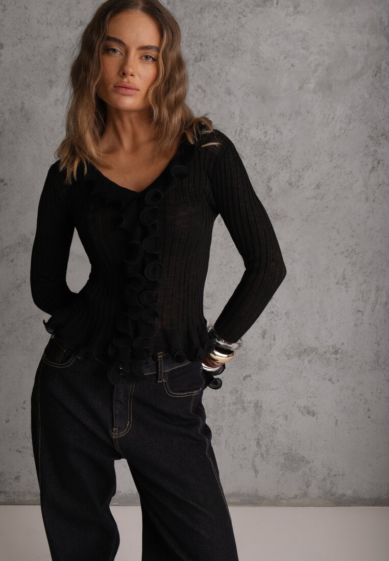 Czarna Bluzka z Wiskozą w Prążki z Falbanami Chionolis