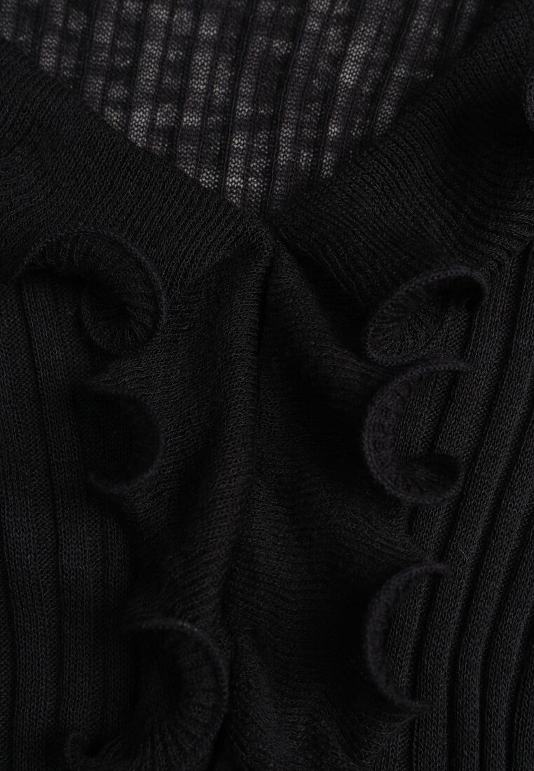 Czarna Bluzka z Wiskozą w Prążki z Falbanami Chionolis