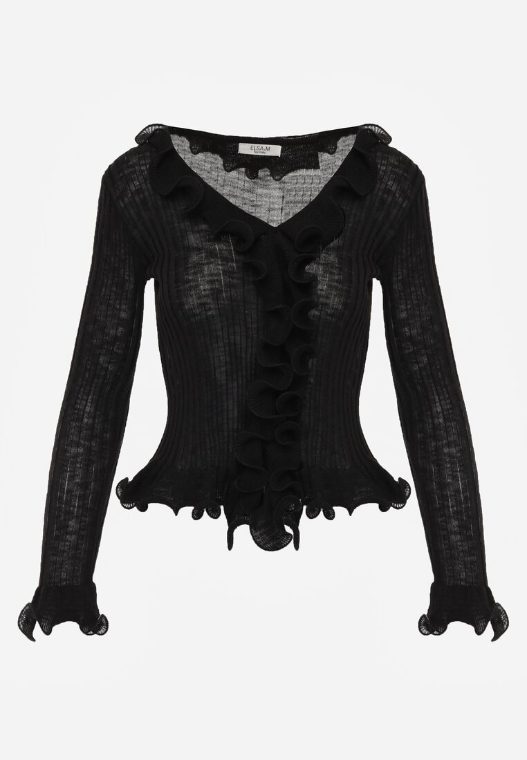 Czarna Bluzka z Wiskozą w Prążki z Falbanami Chionolis