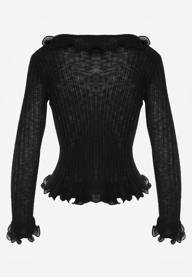 Czarna Bluzka z Wiskozą w Prążki z Falbanami Chionolis