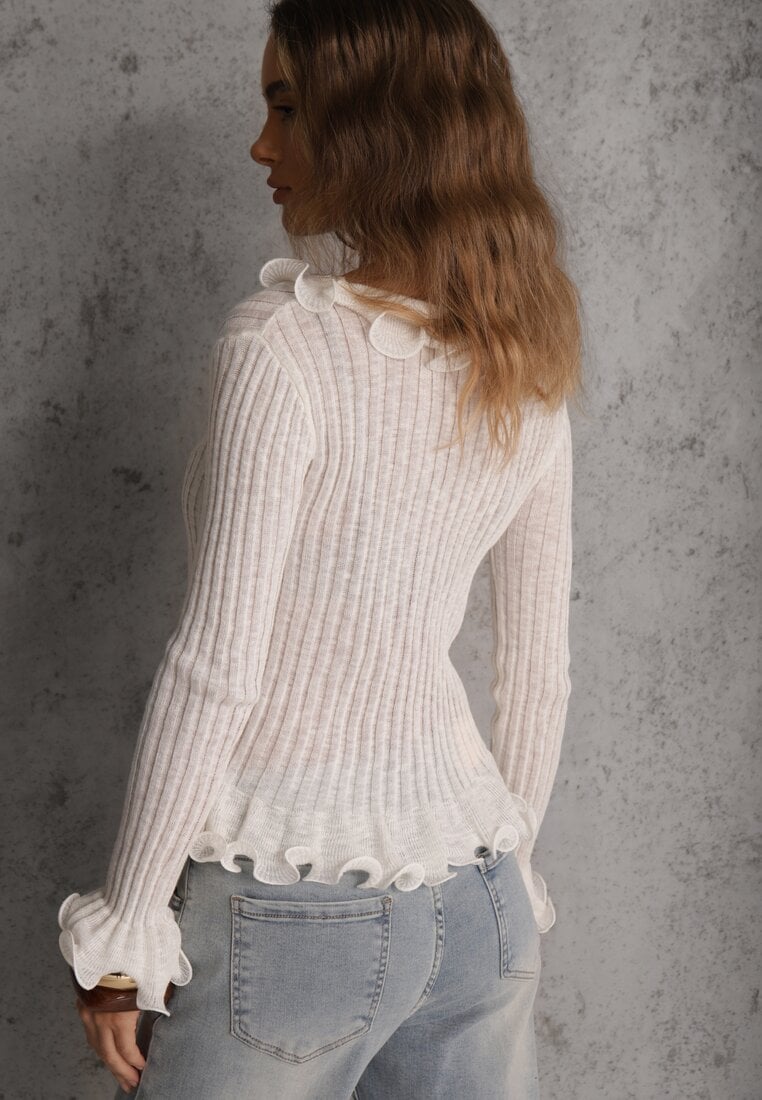 Biała Bluzka z Wiskozą w Prążki z Falbanami Chionolis