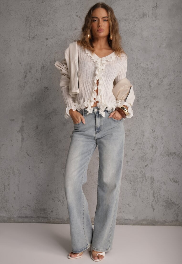 Biała Bluzka z Wiskozą w Prążki z Falbanami Chionolis