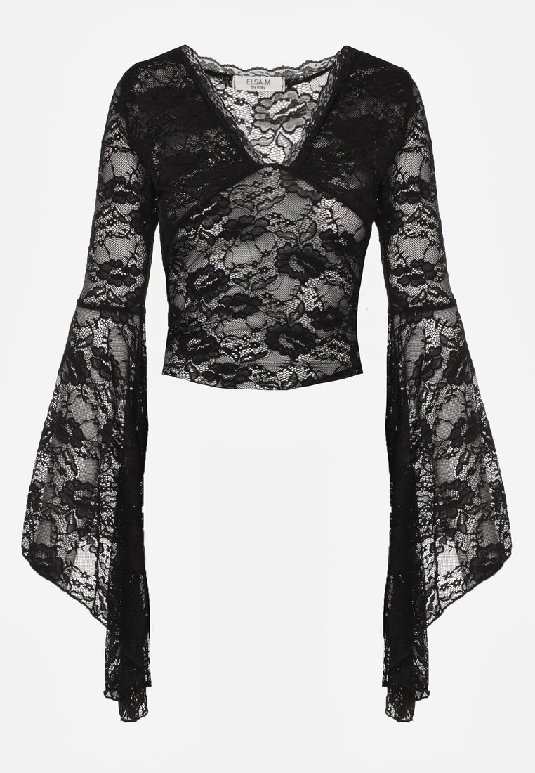 Czarna Bluzka z Koronki z Długimi Rozszerzanymi Rękawami Kielea