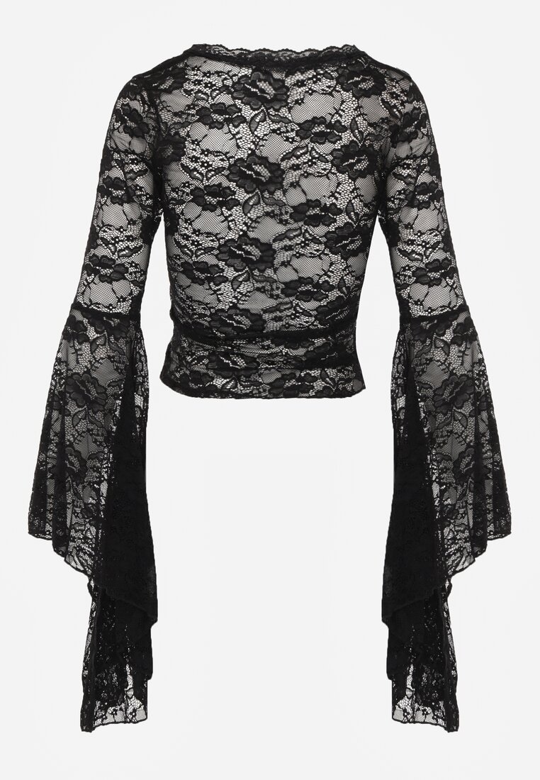 Czarna Bluzka z Koronki z Długimi Rozszerzanymi Rękawami Kielea