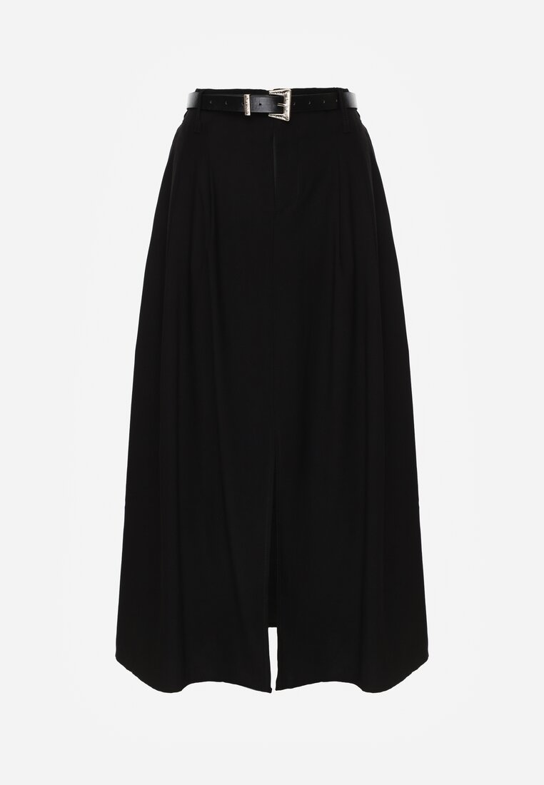 Czarna Rozkloszowana Spódnica z Wiskozy Zdobiona Rozcięciem i Paskiem Urilia