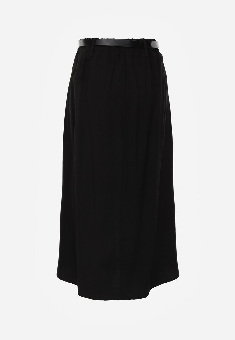 Czarna Rozkloszowana Spódnica z Wiskozy Zdobiona Rozcięciem i Paskiem Urilia