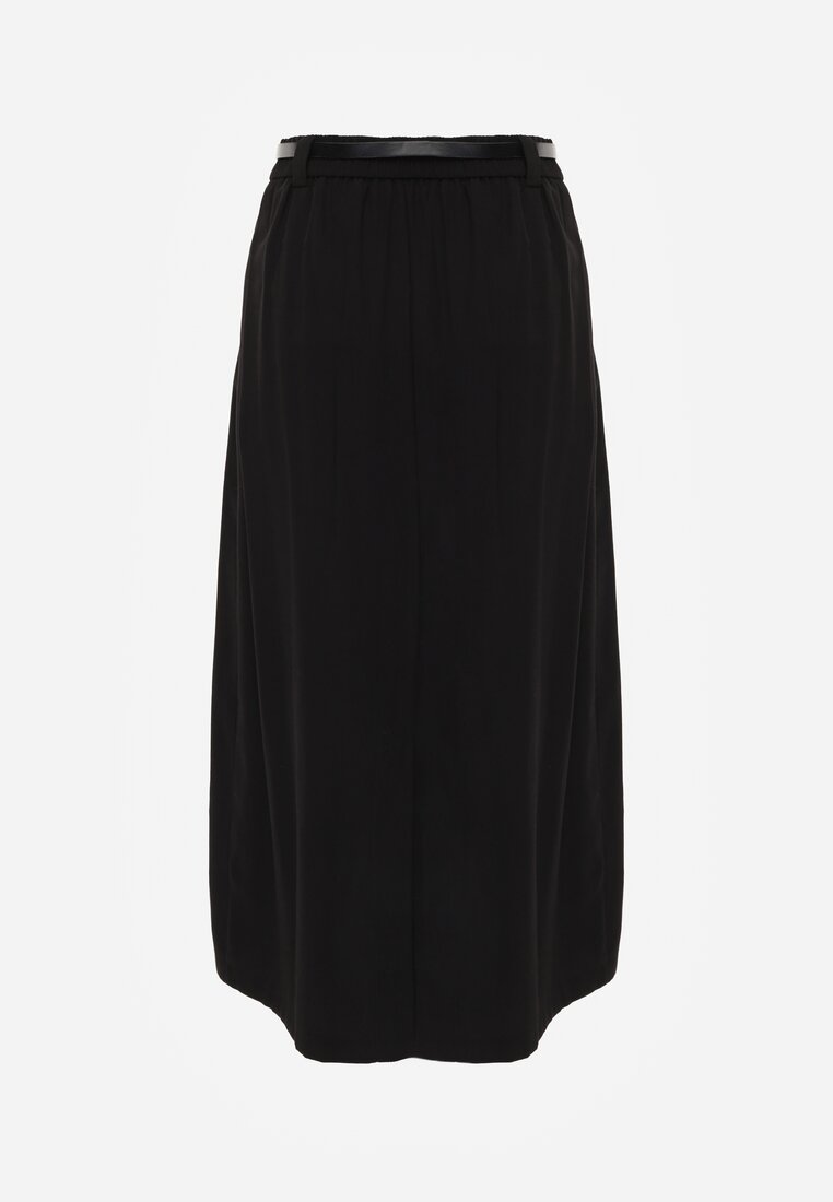 Czarna Rozkloszowana Spódnica z Wiskozy Zdobiona Plisami i Paskiem Durklea